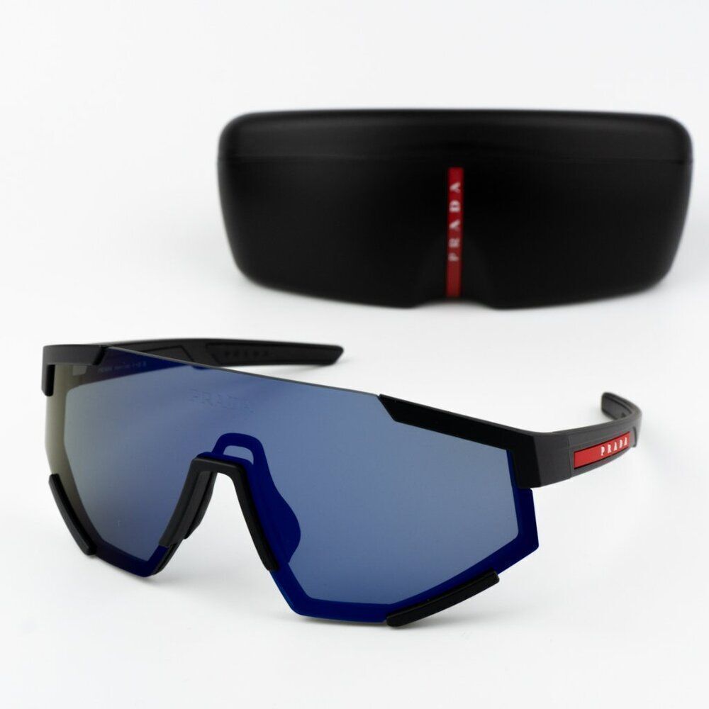NEW Prada Linea Rossa PS04WSF DG070A Black Rubber Blue Mirror Unisex Sunglasses